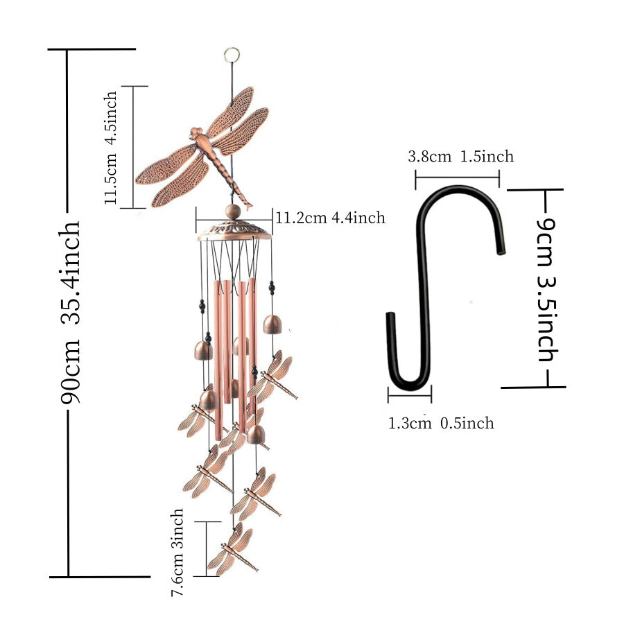 90cm Large Creative Dragonflies Vintage Metal Tube Wind Chimes - Handcrafted Musical Hanging Decor for Garden and Home with Hanging Hook