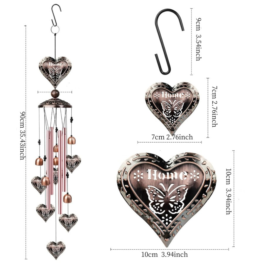 90cm Large Bronze Hearts Vintage Metal Tube Wind Chimes - Handcrafted Musical Hanging Decor for Garden and Home with Hanging Hook