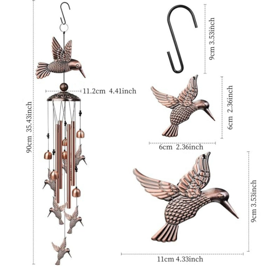 90cm Large Creative Hummingbirds Vintage Metal Tube Wind Chimes - Handcrafted Musical Hanging Decor for Garden and Home with Hanging Hook