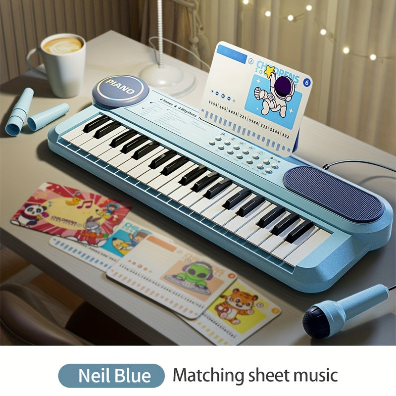 Portable Kids' Electronic Piano with Sheet Music and Microphone - Professional 37-Key Tactile Feedback, Support Recording & Multiple Performance Modes, Beginner-Friendly & Durable Musical Toy(Blue)
