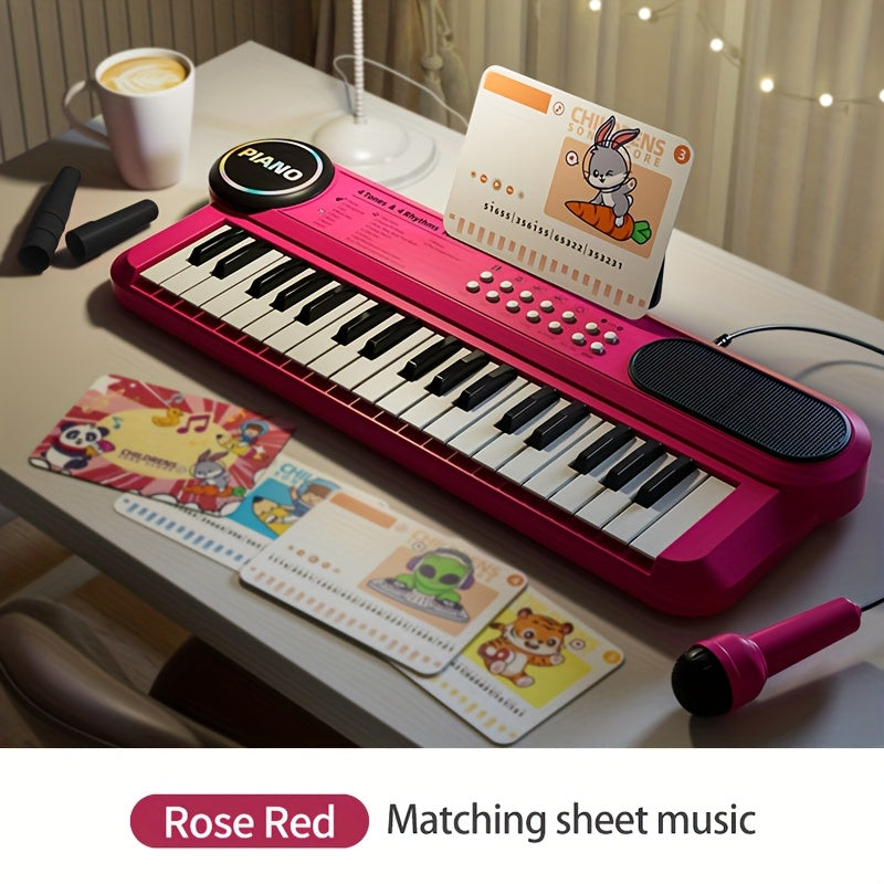 Portable Kids' Electronic Piano with Sheet Music and Microphone - Professional 37-Key Tactile Feedback, Support Recording & Multiple Performance Modes, Beginner-Friendly & Durable Musical Toy(Rose Red)