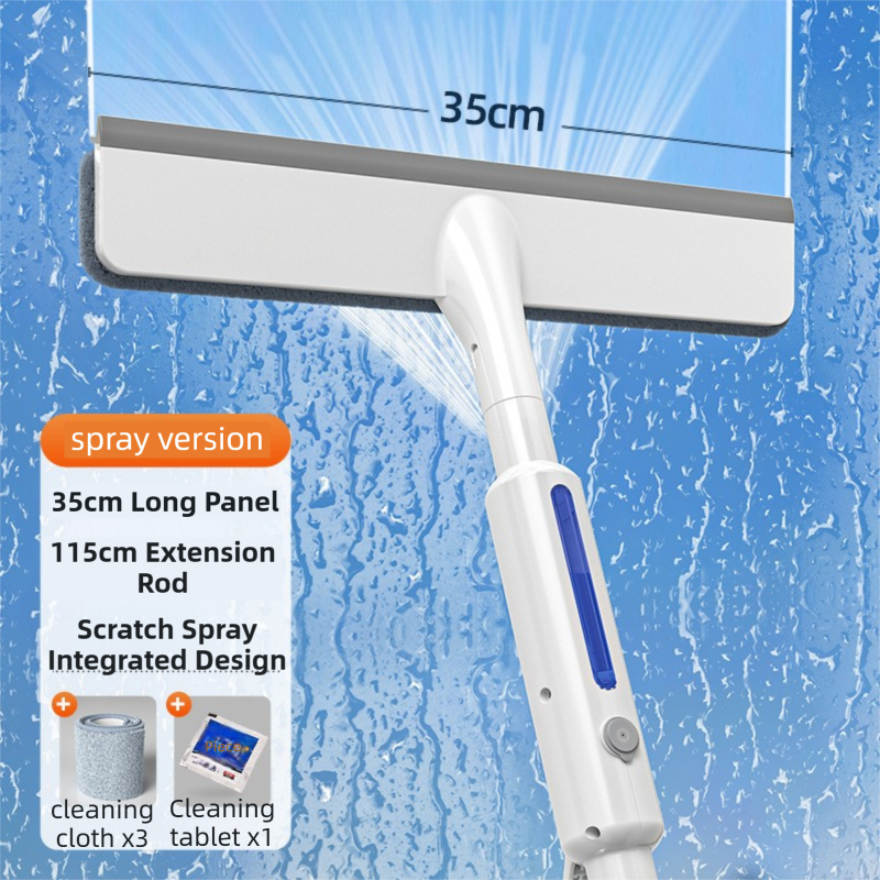 3-in-1 Spray Window Squeegee with 35cm Clean-Panel & 115cm Extension Pole - Multi-functional Spray, Scrub & Squeegee Tool with 3 Microfiber Cloths