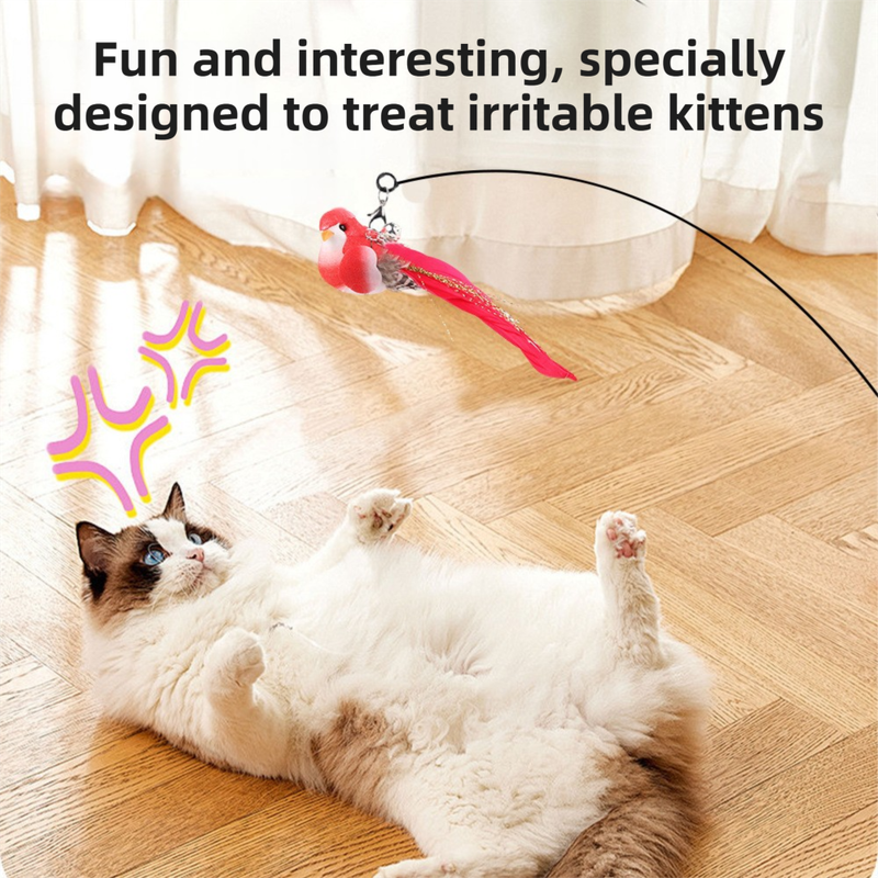 Interactive Self-Play Cat Wand with Suction Base - Automatic Bouncing Teaser Including Bell & 3 Bird Attachments(Pink)