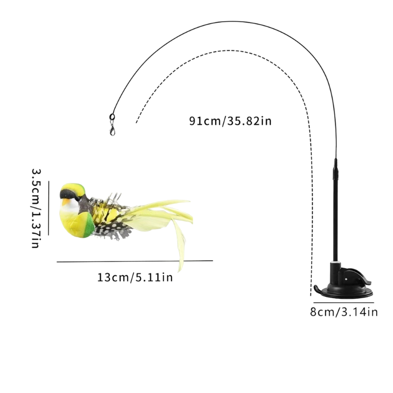 Interactive Self-Play Cat Wand with Suction Base - Automatic Bouncing Teaser Including Bell & 3 Bird Attachments(Yellow)