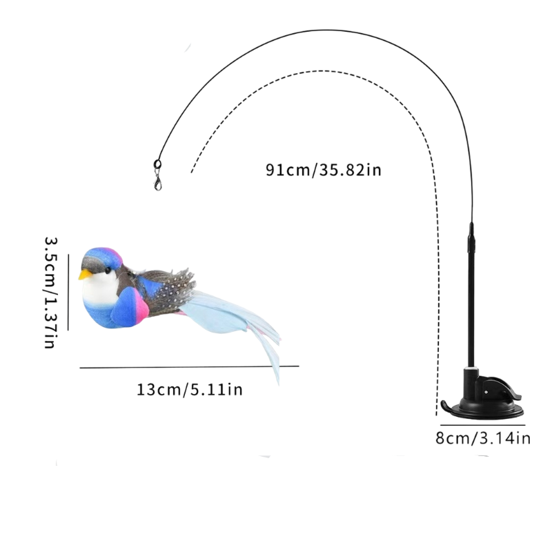Interactive Self-Play Cat Wand with Suction Base - Automatic Bouncing Teaser Including Bell & 3 Bird Attachments(Blue)