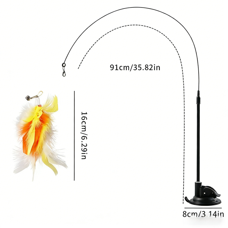 Interactive Self-Play Cat Wand with Suction Base, Feather & Bell - Automatic Bouncing Teaser(Yellow)