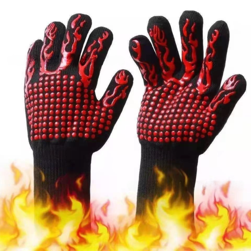 One Pair Red Extreme Heat Resistant BBQ Gloves (800°C/1472°F) - Non-Slip Silicone Coated Fireproof Mitts for Smoker, Oven & Industrial Use