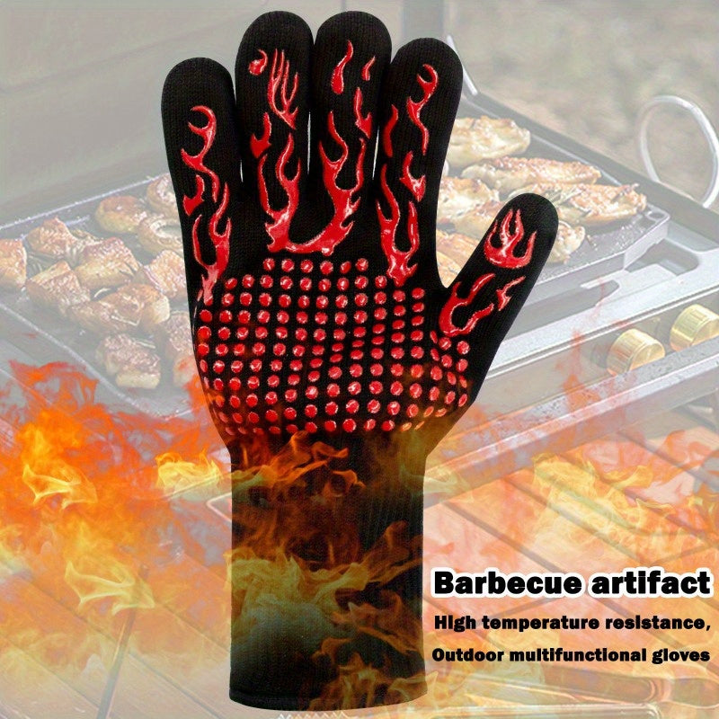 One Pair Grey Extreme Heat Resistant BBQ Gloves (800°C/1472°F) - Non-Slip Silicone Coated Fireproof Mitts for Smoker, Oven & Industrial Use