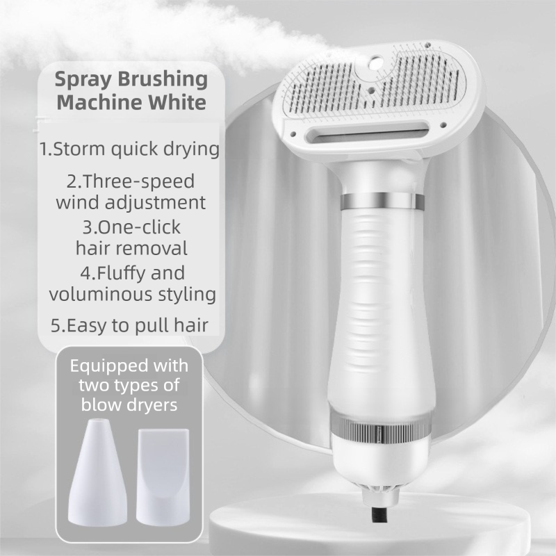 White 6-in-1 Pet Grooming Hair Dryer with Noise-Reduction - Lightweight Handheld Blow Dryer & Mist Slicker Brush - 3-Speed Temperature Control, One-Click Deshedding & Painless Massage