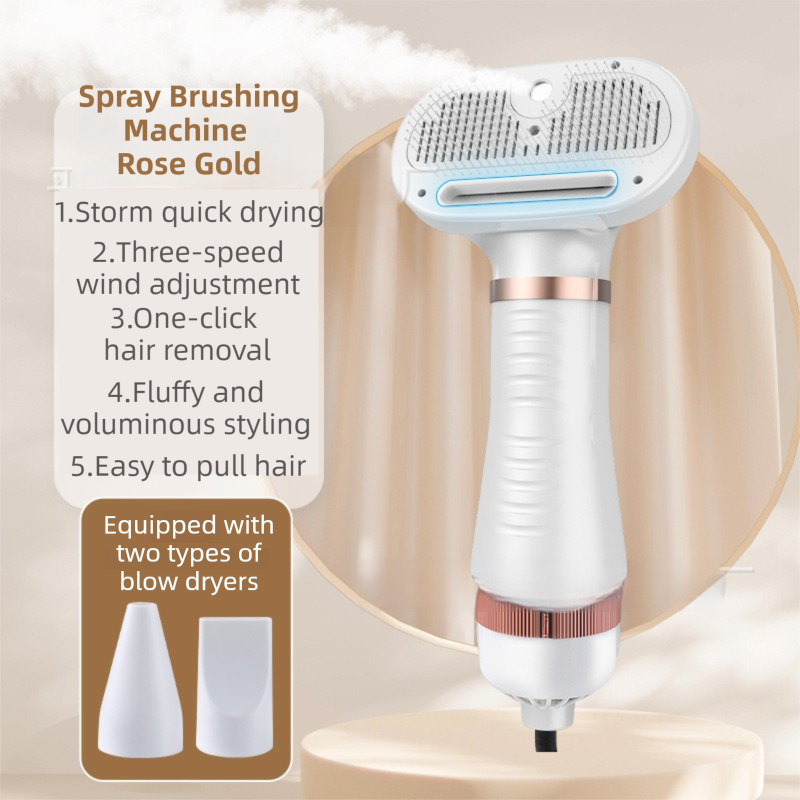 Rose Gold 6-in-1 Pet Grooming Hair Dryer with Noise-Reduction - Lightweight Handheld Blow Dryer & Mist Slicker Brush - 3-Speed Temperature Control, One-Click Deshedding & Painless Massage