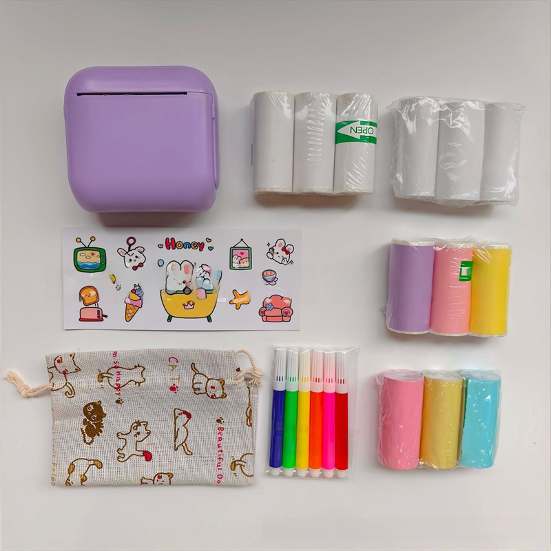 Purple X6 Mini Portable Bluetooth Instant Photo & Note Printer for Students - Deluxe 20-Piece Gift Set with 12 Paper Rolls, Color Pens & Storage Bag