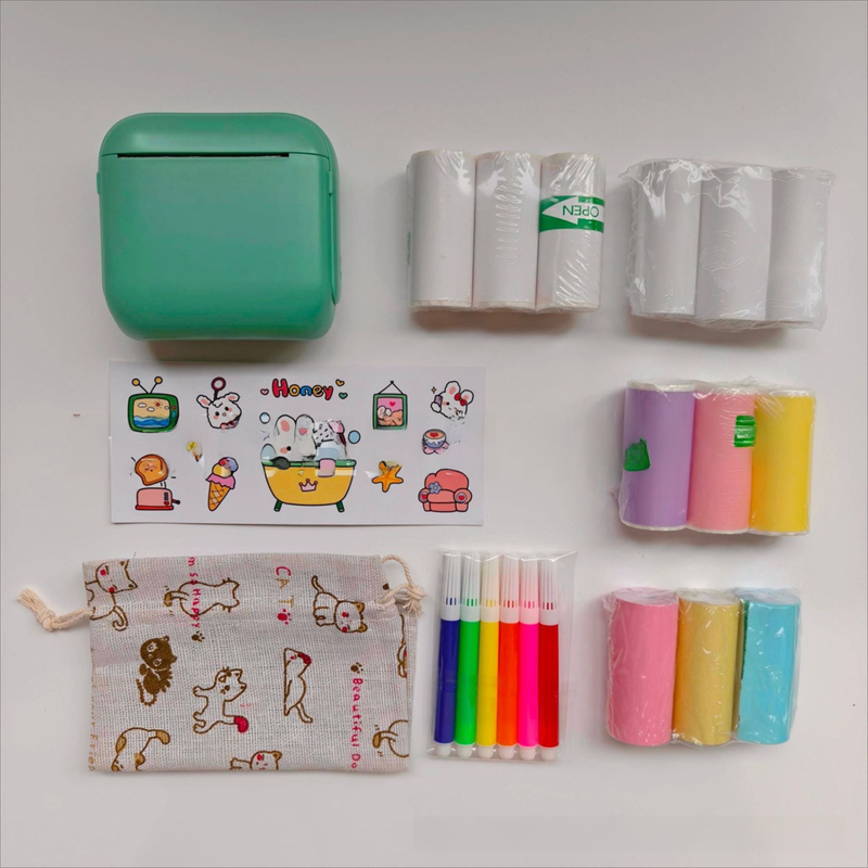 Green X6 Mini Portable Bluetooth Instant Photo & Note Printer for Students - Deluxe 20-Piece Gift Set with 12 Paper Rolls, Color Pens & Storage Bag