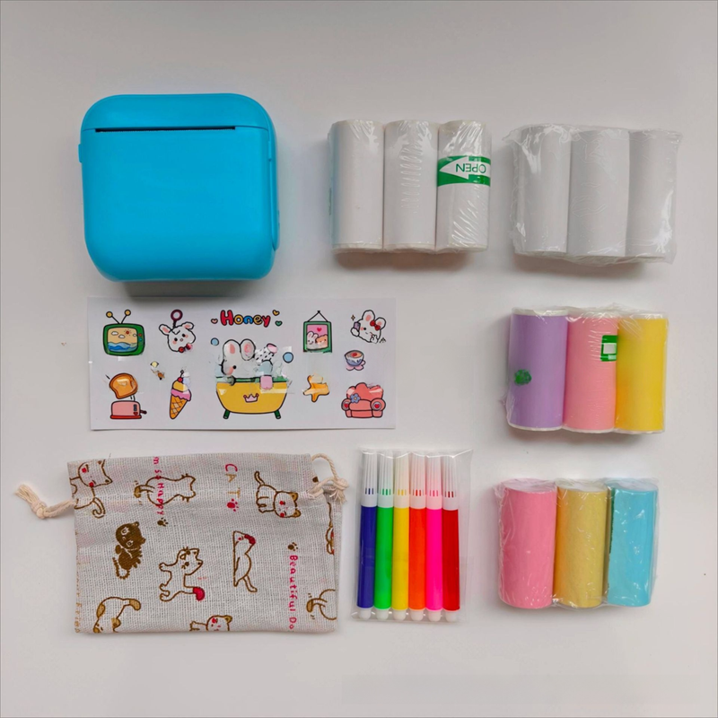 Blue X6 Mini Portable Bluetooth Instant Photo & Note Printer for Students - Deluxe 20-Piece Gift Set with 12 Paper Rolls, Color Pens & Storage Bag