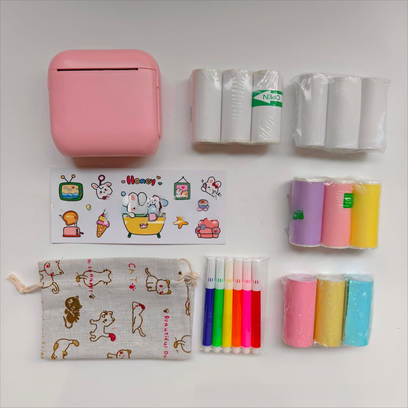 Pink X6 Mini Portable Bluetooth Instant Photo & Note Printer for Students - Deluxe 20-Piece Gift Set with 12 Paper Rolls, Color Pens & Storage Bag