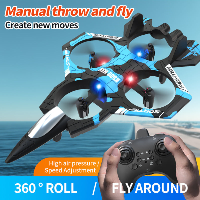 Camouflage Blue 2.4G Remote Control Stunt Fighter Drone  - Manual Toss Launch, One-Key Operation for 360° Flip & Circular Flight, 3-Speed Adjustable Stable Quadcopter with Night Lights