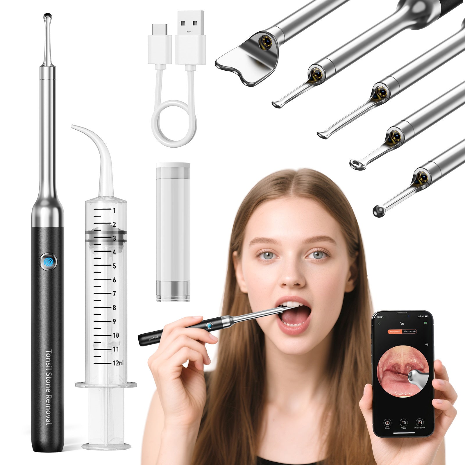 Black Wireless Visual Ear Wax & Tonsil Stone Remover with HD Endoscope Camera - 2-in-1 Oral & Ear Care Cleaner for iOS & Android