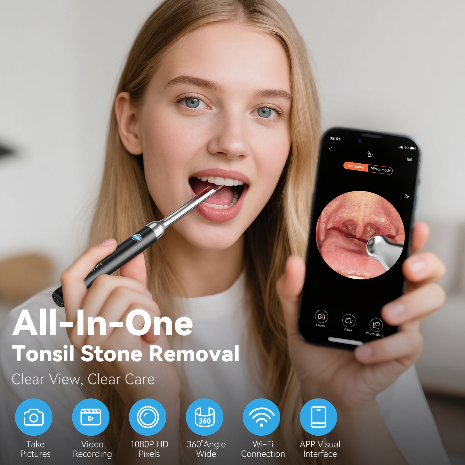 Black Wireless Visual Ear Wax & Tonsil Stone Remover with HD Endoscope Camera - 2-in-1 Oral & Ear Care Cleaner for iOS & Android