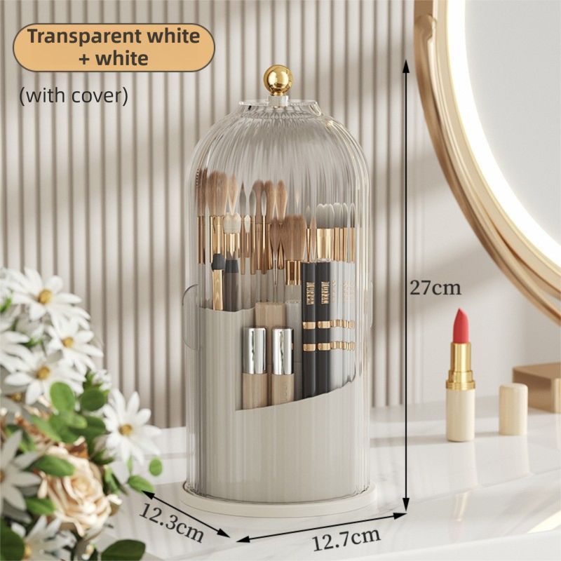 White 360° Rotating Makeup Brush Holder with Transparent Dust-Proof Sliding Door - Large Capacity Cosmetic Organizer, Professionaln Gradient Dual Zones