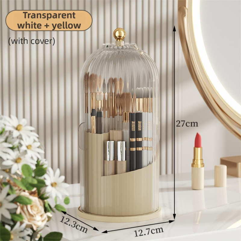 Yellow 360° Rotating Makeup Brush Holder with Transparent Dust-Proof Sliding Door - Large Capacity Cosmetic Organizer, Professionaln Gradient Dual Zones
