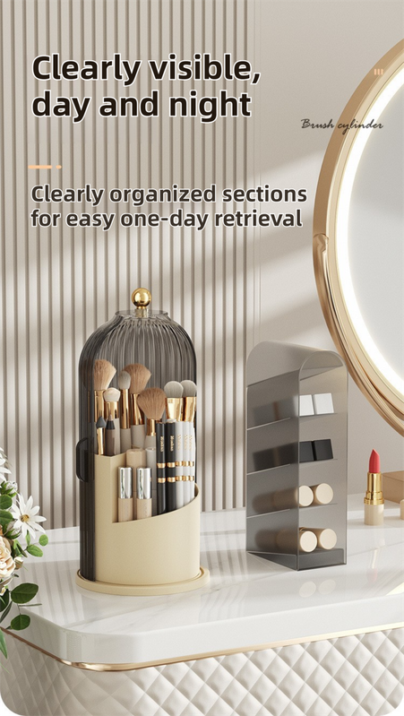 Yellow 360° Rotating Makeup Brush Holder with Transparent Dust-Proof Sliding Door - Large Capacity Cosmetic Organizer, Professionaln Gradient Dual Zones