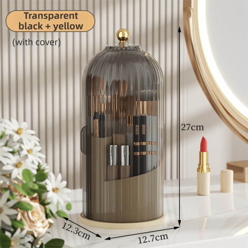 Yellow 360° Rotating Makeup Brush Holder with Black Transparent Dust-Proof Sliding Door - Large Capacity Cosmetic Organizer, Professionaln Gradient Dual Zones