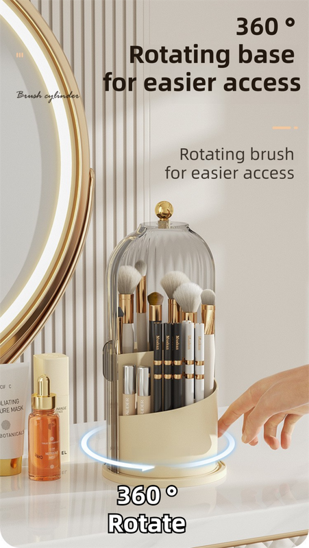 Yellow 360° Rotating Makeup Brush Holder with Black Transparent Dust-Proof Sliding Door - Large Capacity Cosmetic Organizer, Professionaln Gradient Dual Zones