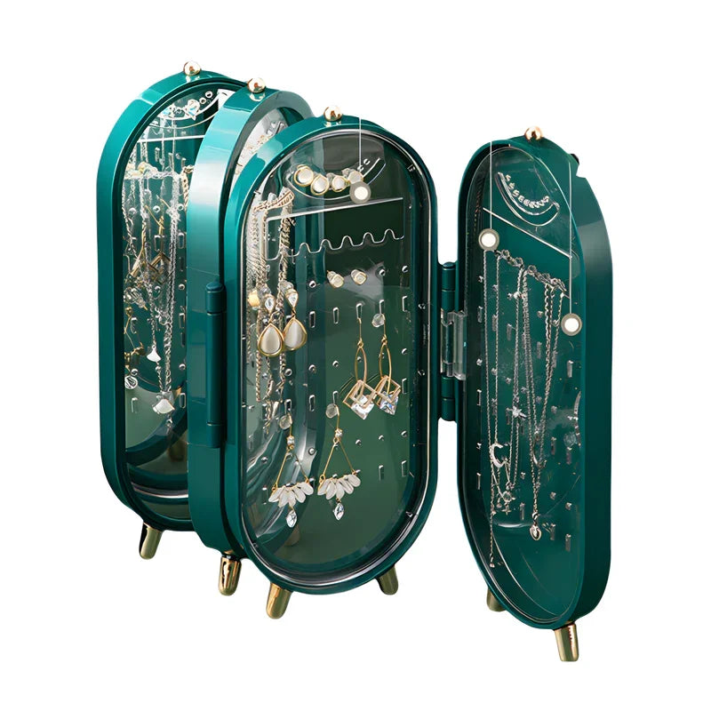 Green 4-Layer Retractable Screen-Style Jewelry Display Stand With Mirror Zone - Dust-Proof Necklace & Earring Organizer Case for Vanity