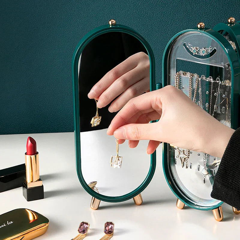 Green 4-Layer Retractable Screen-Style Jewelry Display Stand With Mirror Zone - Dust-Proof Necklace & Earring Organizer Case for Vanity