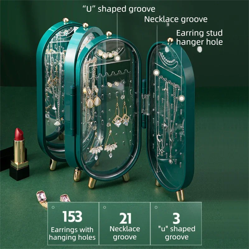 Green 4-Layer Retractable Screen-Style Jewelry Display Stand With Mirror Zone - Dust-Proof Necklace & Earring Organizer Case for Vanity