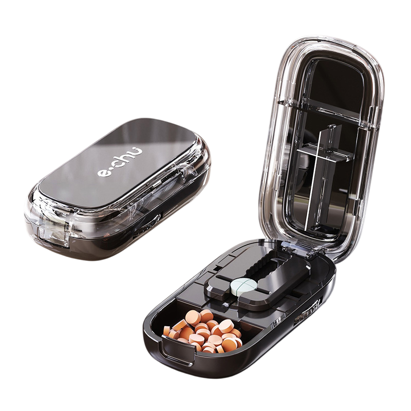 Black Portable Mini Pill Organizer with 1/2 & 1/4 Precision Cutter - 3-Compartment Daily Travel Medicine Case with Rolling Knob Lock