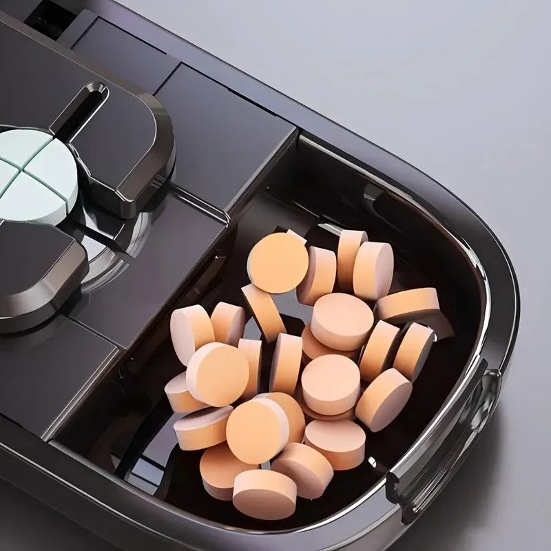 Beige Portable Mini Pill Organizer with 1/2 & 1/4 Precision Cutter - 3-Compartment Daily Travel Medicine Case with Rolling Knob Lock