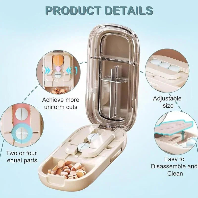 Beige Portable Mini Pill Organizer with 1/2 & 1/4 Precision Cutter - 3-Compartment Daily Travel Medicine Case with Rolling Knob Lock