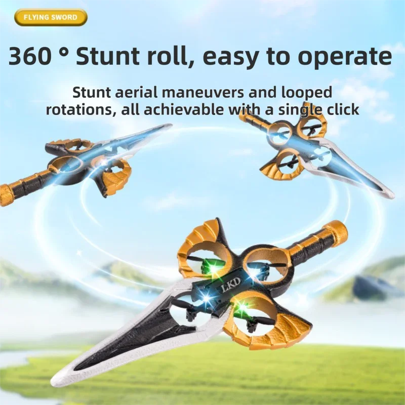 L36 Remote Control Flying Stunt Sword with 360° Flip & One-Key Takeoff - Fully Guarded Propellers and LED Night Lights for Safety & 4-Turbofan High Power Motor (2 Battery Included)