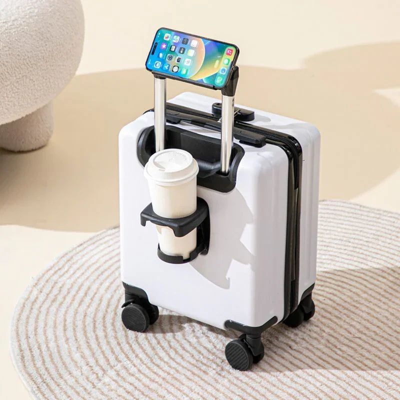 White 14 Inch Lightweight Carry-on Luggage for heights over 1.6m - Underseat & Overhead Cabin Hardside Suitcase with Cup Holder & Phone Stand