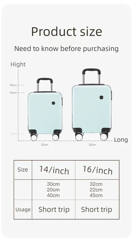 White 14 Inch Lightweight Carry-on Luggage for heights over 1.6m - Underseat & Overhead Cabin Hardside Suitcase with Cup Holder & Phone Stand