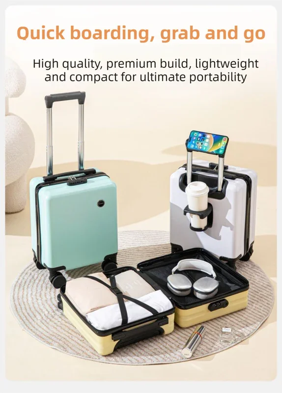 Black 14 Inch Lightweight Carry-on Luggage for heights over 1.6m - Underseat & Overhead Cabin Hardside Suitcase with Cup Holder & Phone Stand