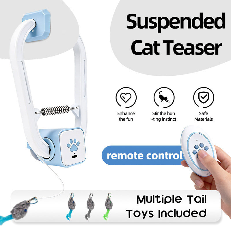 Dual Mode Interactive Cat Toy with Hanging Clamp & 3 Tail Toys - Random Rotating Swinging Teaser for Indoor Cats, Remote Controlled   & Automatic 15-Min Playmate