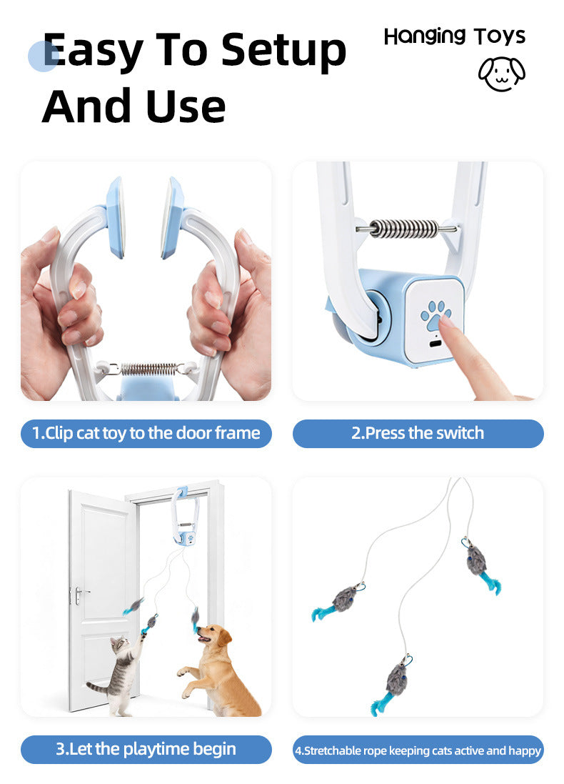 Dual Mode Interactive Cat Toy with Hanging Clamp & 3 Tail Toys - Random Rotating Swinging Teaser for Indoor Cats, Remote Controlled   & Automatic 15-Min Playmate