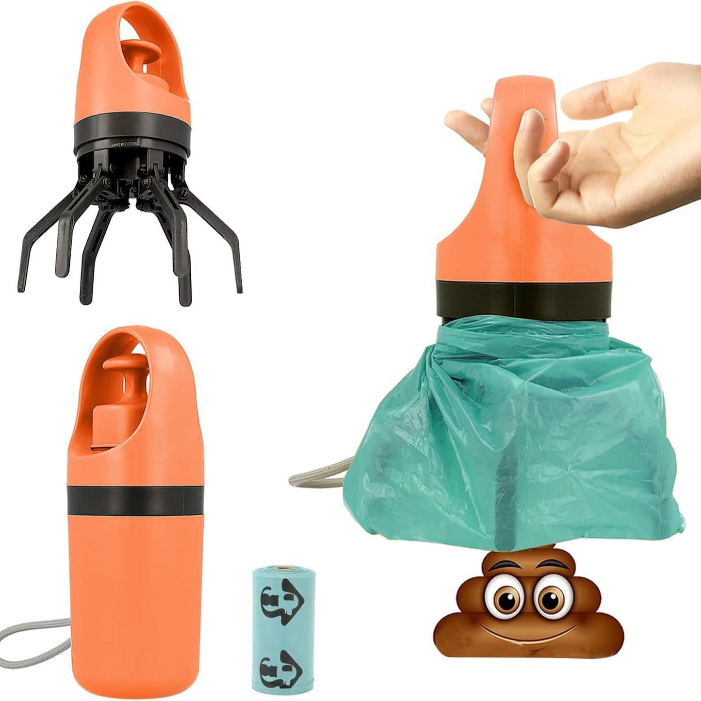 Orange Foldable 6-Claw Pet Pooper Scooper with Integrated Waste Bag Dispenser & 1 Roll of Bags - Durable One-Handed Operation for Outdoor Walking