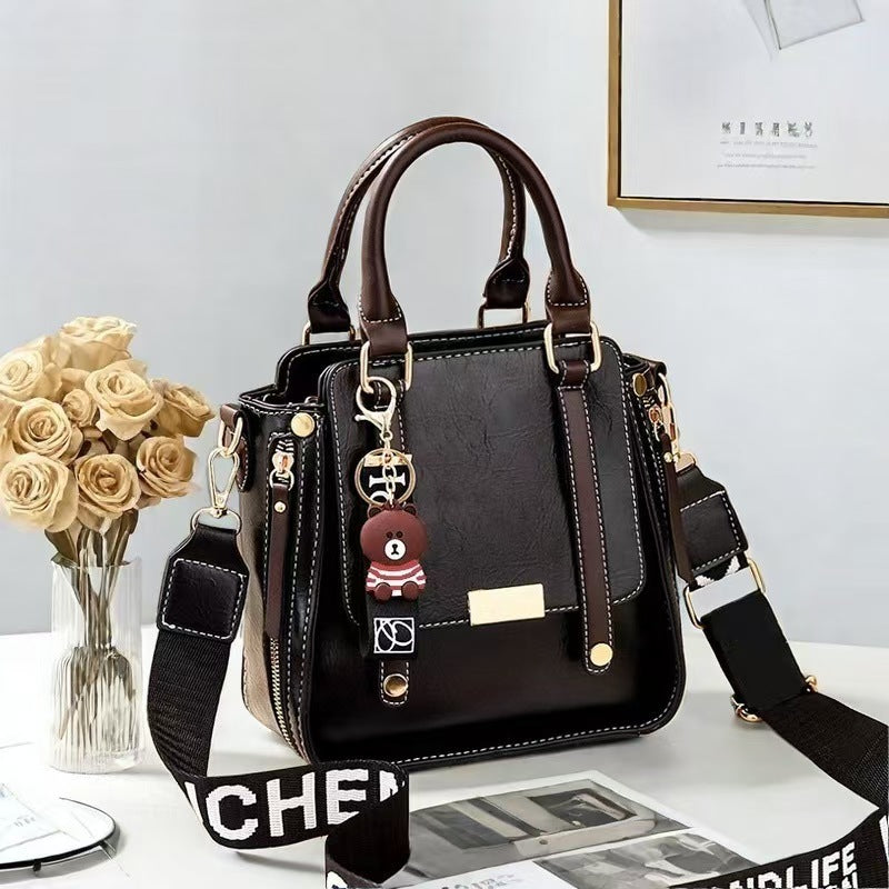 Black Trendy Vertical Square PU Leather Moto Crossbody Bag & Tote with 5-Pocket Organized Compartments & Adjustable Strap