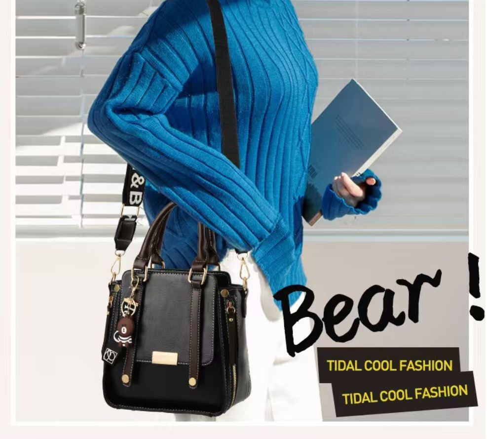 Black Trendy Vertical Square PU Leather Moto Crossbody Bag & Tote with 5-Pocket Organized Compartments & Adjustable Strap