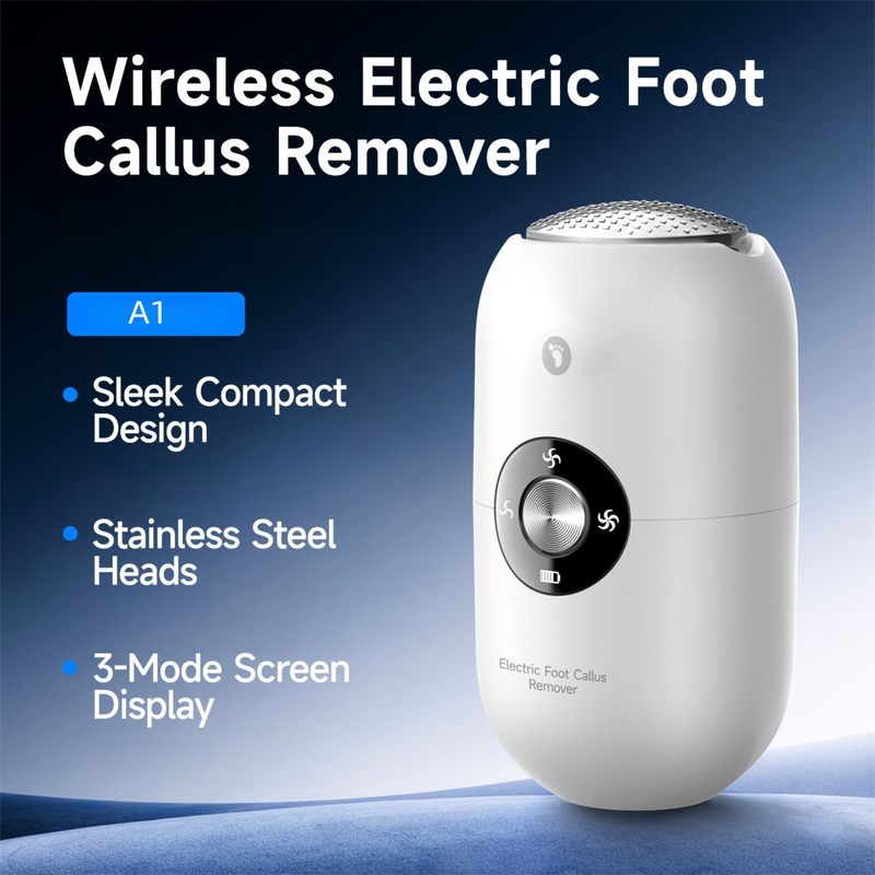 White A1 Compact Electric Foot Dead Skin and Callus Remover - IPX6 Pedicure Tool with 3-Speed Mode & Dual 360°Rotating Stainless Steel Heads