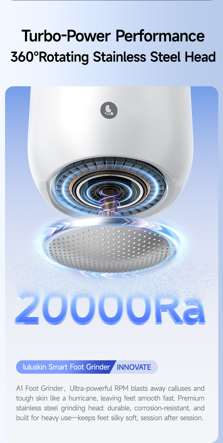 White A1 Compact Electric Foot Dead Skin and Callus Remover - IPX6 Pedicure Tool with 3-Speed Mode & Dual 360°Rotating Stainless Steel Heads