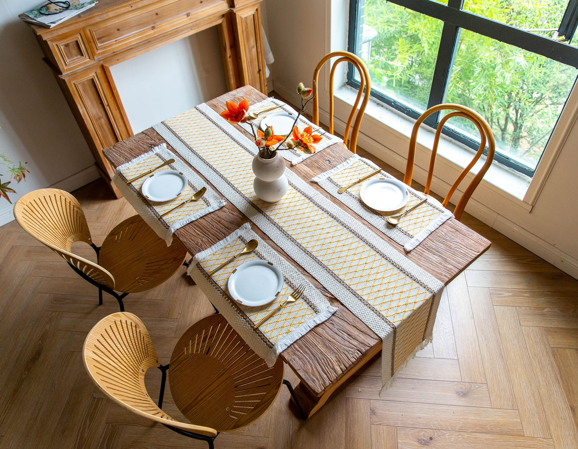 White-Brown Bohemian Woven Dining Mat with Tassels(30X50CM) - Wrinkle-Resistant Striped Placemat for Wedding, Holiday & Outdoor Party