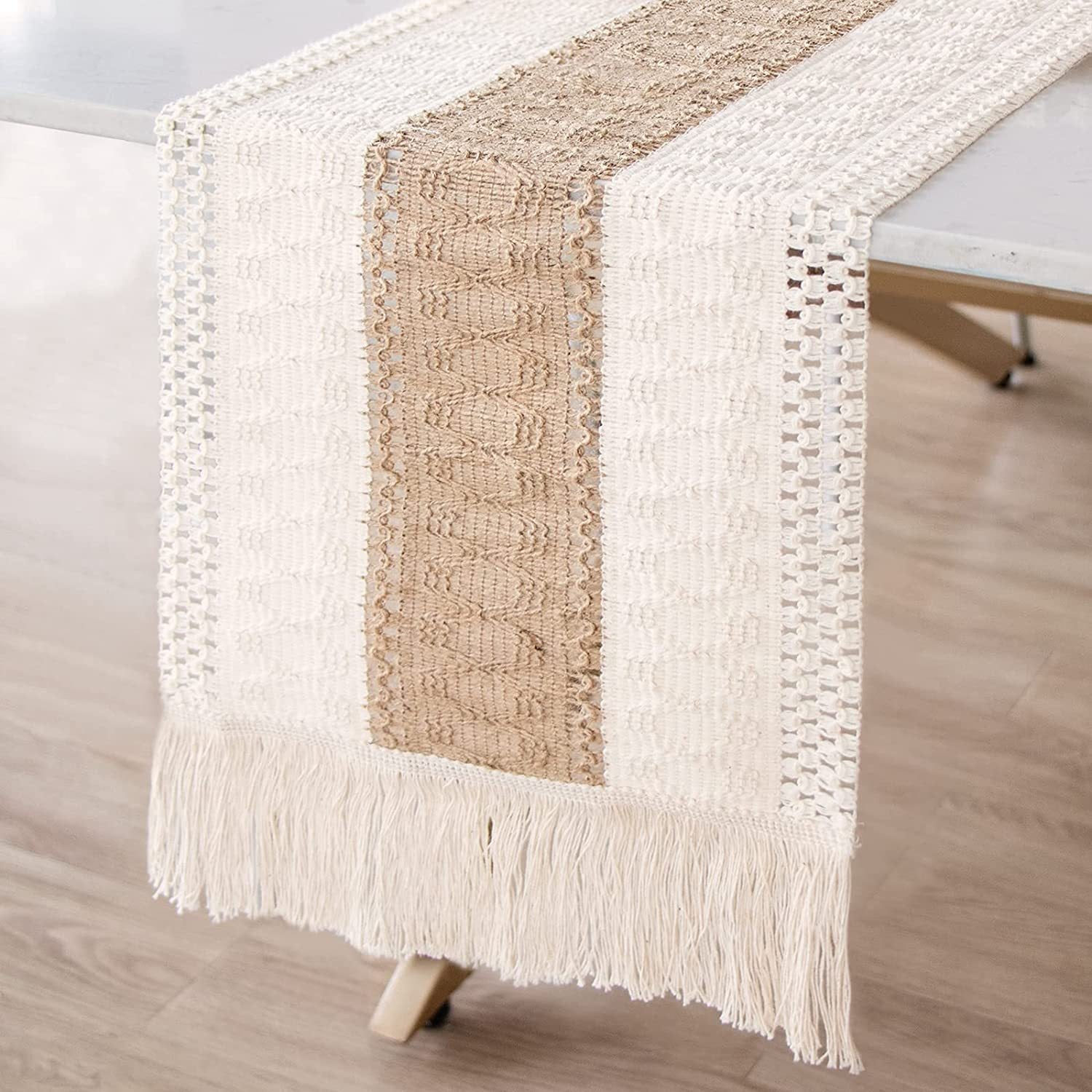 White-Brown Bohemian Woven Table Runner with Tassels(30X183CM) - Wrinkle-Resistant Striped Table Scarf for Wedding, Holiday & Outdoor Party