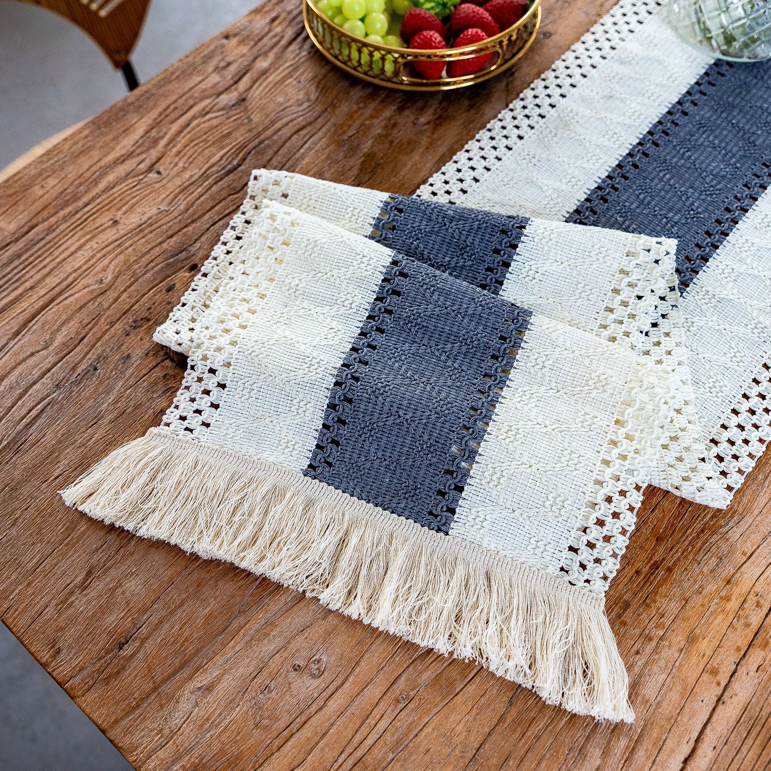White-Grey Bohemian Woven Dining Mat with Tassels(30X50CM) - Wrinkle-Resistant Striped Placemat for Wedding, Holiday & Outdoor Party