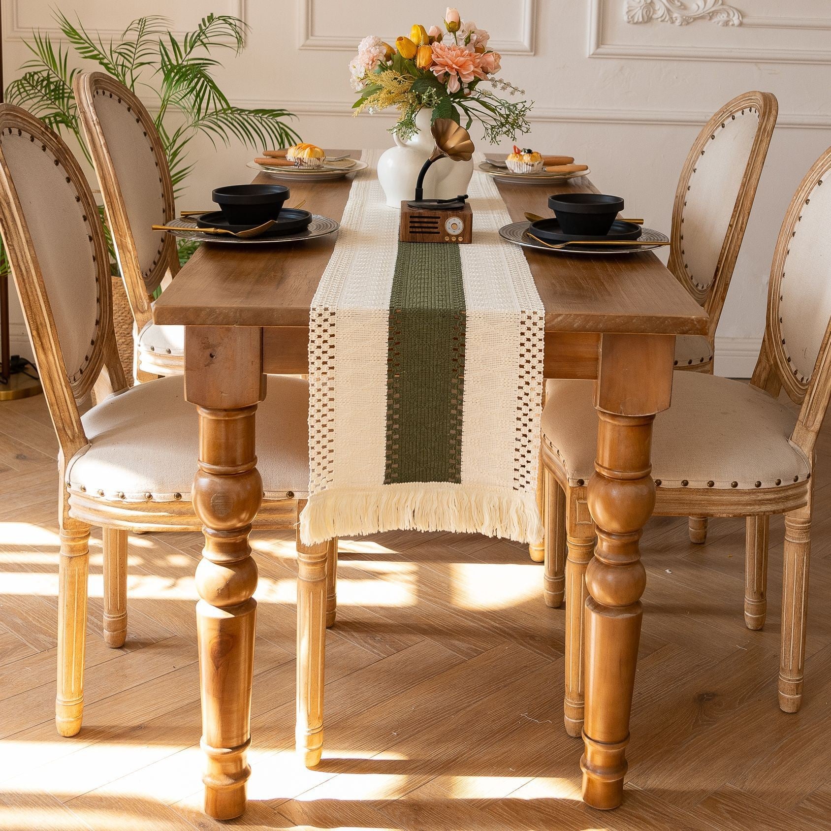 White-Green Bohemian Woven Dining Mat with Tassels(30X50CM) - Wrinkle-Resistant Striped Placemat for Wedding, Holiday & Outdoor Party