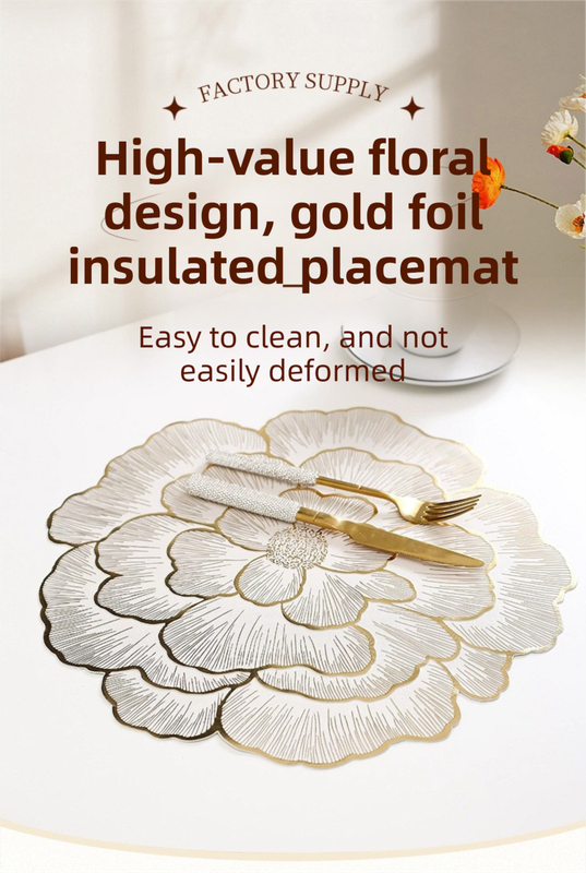 4-Pack Sliver Luxury Bronzing Floral Heat-Insulated Placemats - Peony Style Anti-Slip & Waterproof PVC Table Mats(38x38CM)