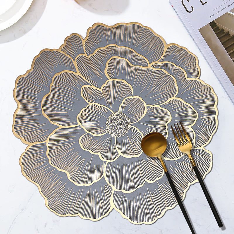 4-Pack Gold & Grey Luxury Bronzing Floral Heat-Insulated Placemats - Peony Style Anti-Slip & Waterproof PVC Table Mats(38x38CM)