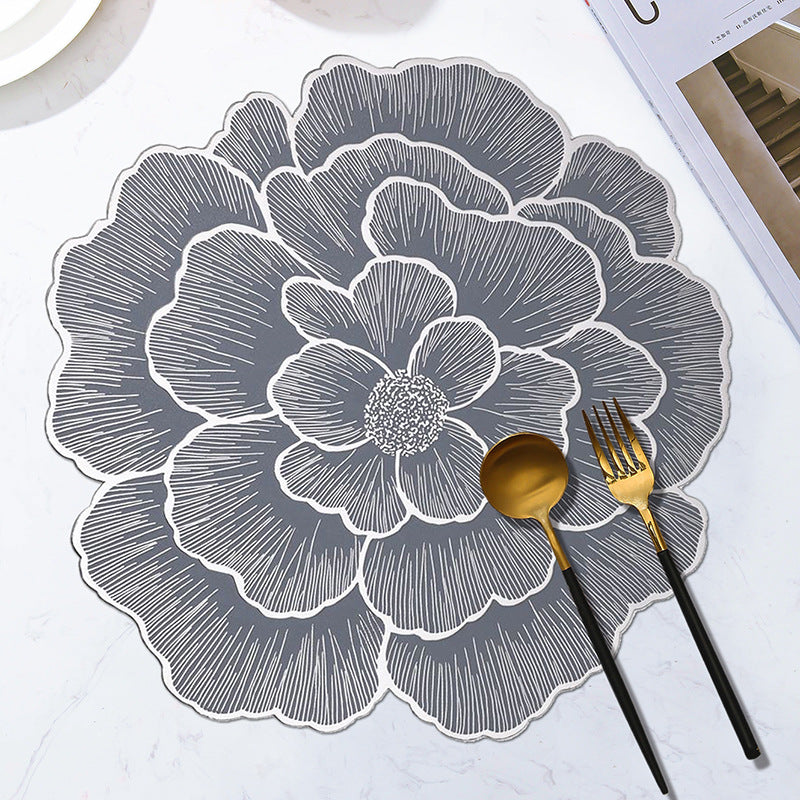4-Pack Sliver & Grey Luxury Bronzing Floral Heat-Insulated Placemats - Peony Style Anti-Slip & Waterproof PVC Table Mats(38x38CM)